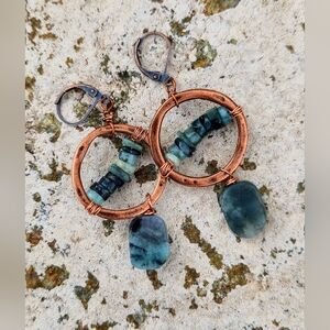 Handcrafted Rustic Genuine Green Emerald In Bohemian Copper Artisan Earrings